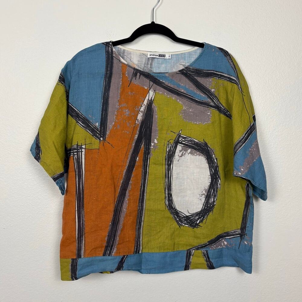 Andrea Geer Linen Abstract Brush Work Art to Wear Boxy Tee Oversized XS